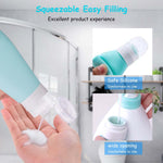 MAYCREATE Travel 3Pcs Bottles for Toiletries, Squeezable Soft Silicone Toiletries Bottles Containers Leak Proof Refillable Dispenser with Face Brush Design (90ML White Blue Pink)