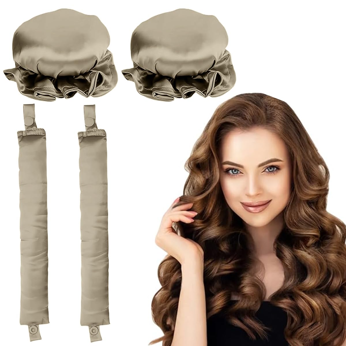MAYCREATE 2Sets Satin Heatless Hair Curler, Hair Rollers for Heatless Curls with Hair Caps, Soft Curling Rod Headband for Long Hair Can Sleep in Overnight, DIY Hairstyling Tools, Gold