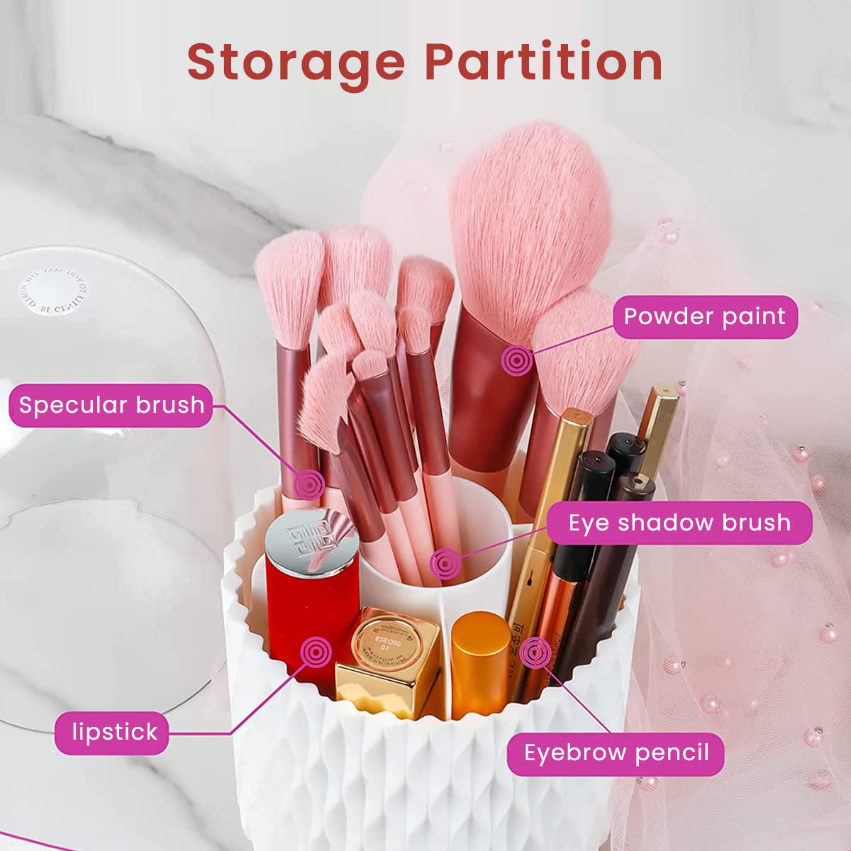 MAYCREATE Makeup Brush Holder Organizer with Lid, 360° Rotatable 4-Grid Cosmetic Makeup Brushes Storage Case Stand for Vanity or Bathroom - Dustproof & Waterproof, White