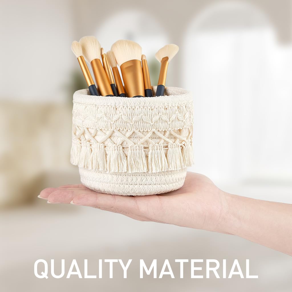 MAYCREATE Macrame Makeup Brush Holder Organizer Boho Desk Mini Storage Basket Table Cotton Rope Tassels Pen Holder for School Office Stationeries Storage Container - Ivory
