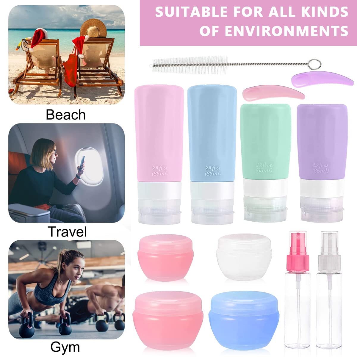 MAYCREATE Travel Bottles for Toiletries Set of 14pcs, Silicone Travel Toiletry Bottles, Upgraded Leak Proof Squeezable Container Spray Bottle for Shampoo, Gel, Cream, Lotion Dispenser with Tools Set