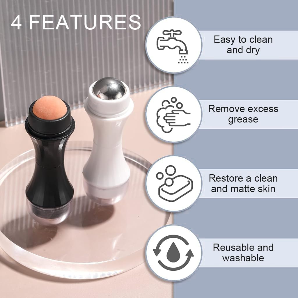 MAYCREATE 2Pcs Oil Absorbing Roller Blotting Paper for Oily Skin, Volcanic Stone Face Roller Oil Blotting Sheets for Face, Dual Head Natural Minerals Oil Control Facial Roller for Skin Massage