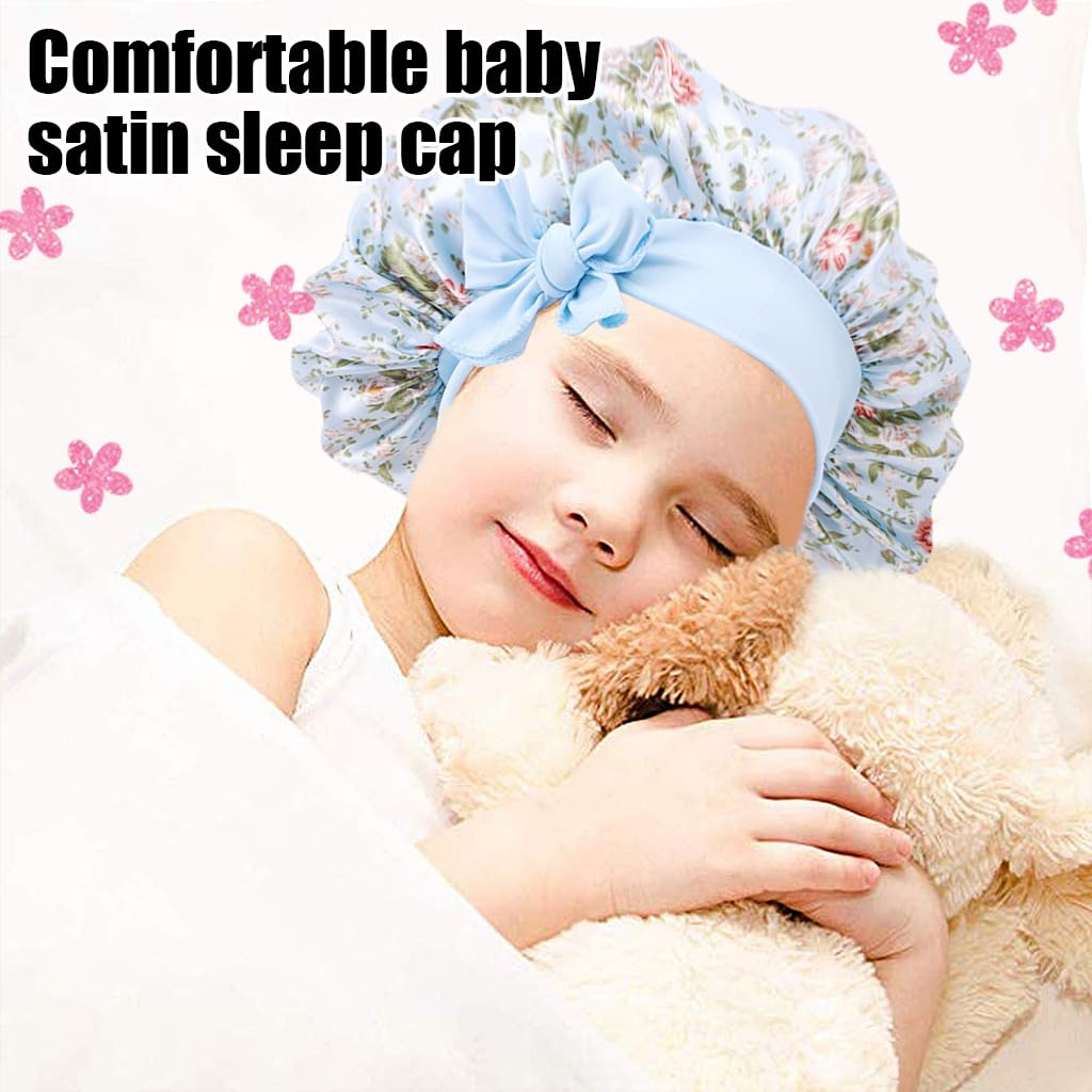 MAYCREATE 2pcs Kids Silk Bonnet for Hair, Baby Cap Floral Print Satin Hair Bonnet, Elastic Band Soft Silk Hair Cap for Sleeping, Night Hat Shower Cap for Toddlers Child Baby 2-8 Years Old Gift