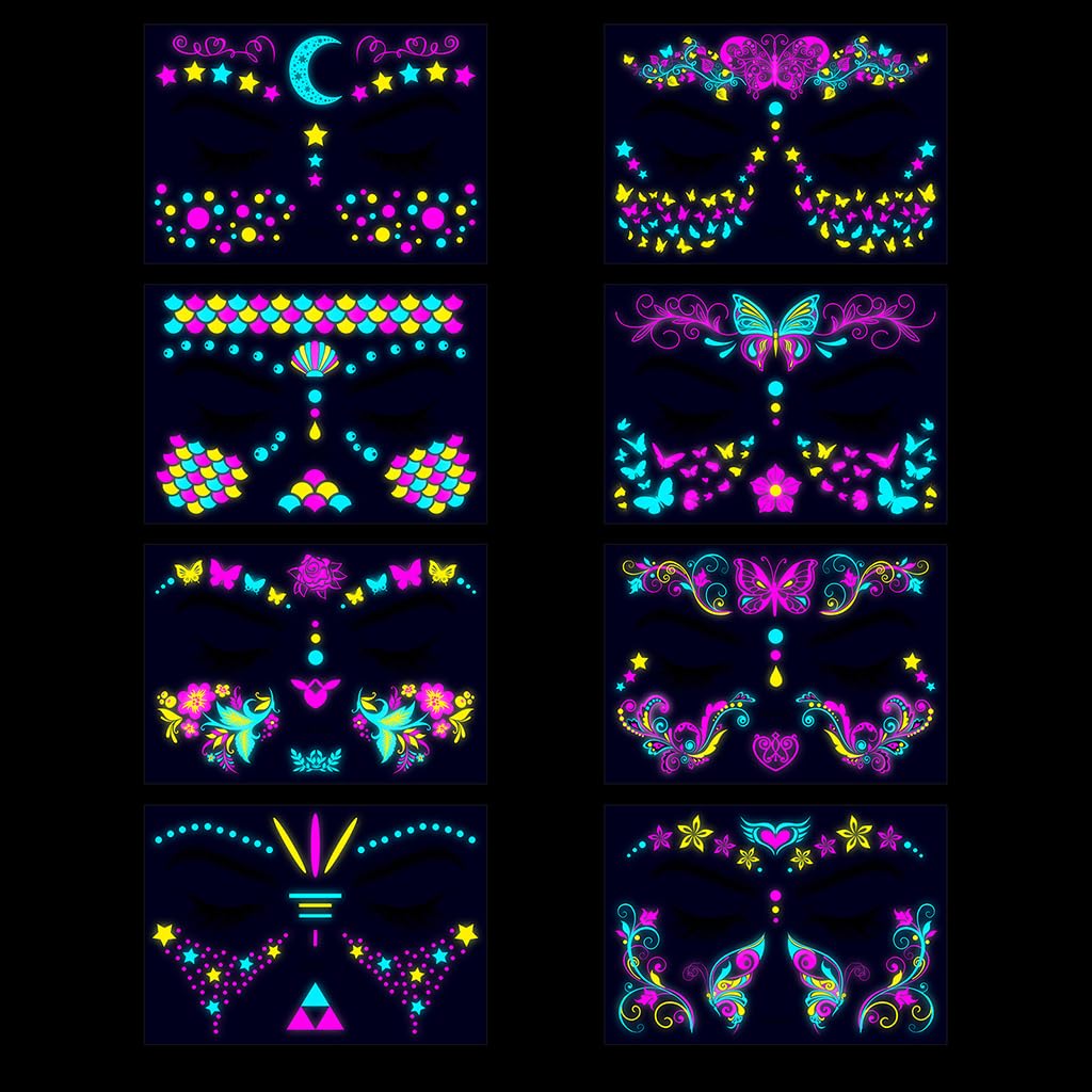 MAYCREATE 8-Sheet UV Neon Face Tattoo Sticker Temporary Tattoos, Glow in the Dark Face Tattoos, Butterfly Mermaid Fluorescence Fake Tattoo Stickers for Halloween Rave Festival Party Supplies