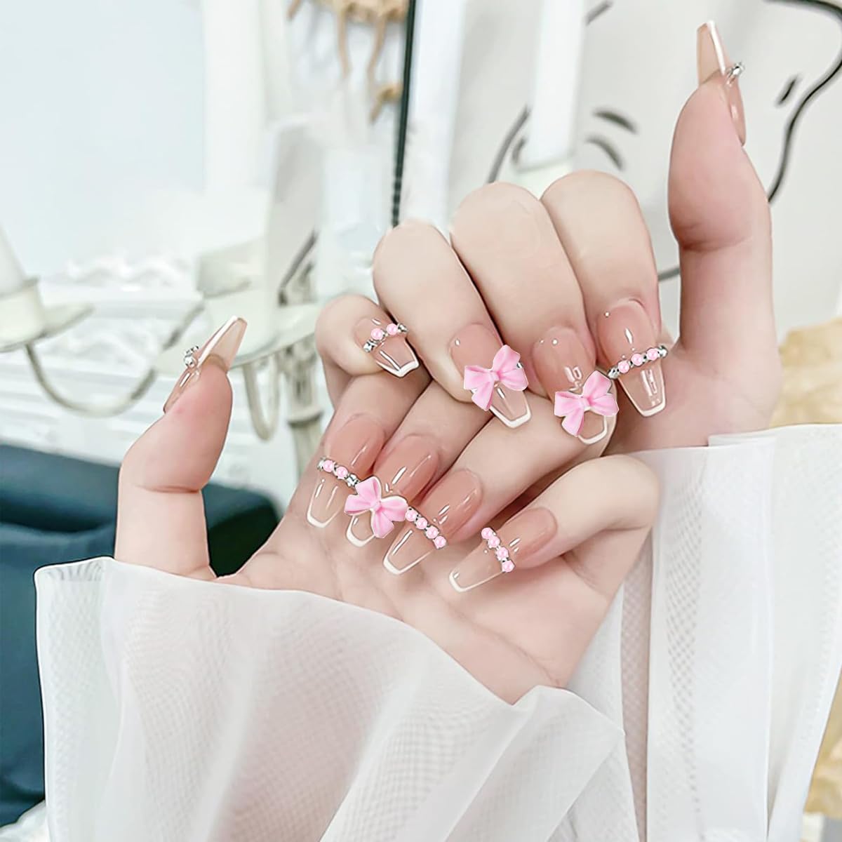 MAYCREATE Bow Nail Charms for DIY Nail Art with 6 Styles and Flatback Pearls | Pink Decoration