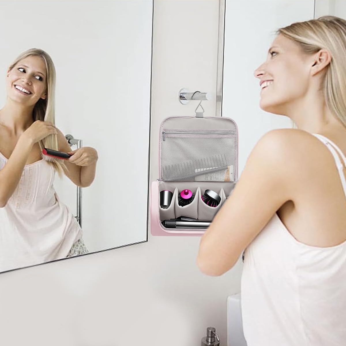 MAYCREATE Travel Storage Bag for Dyson Airwrap featuring 5 Compartments & Hanging Hook | Pink PU Organizer