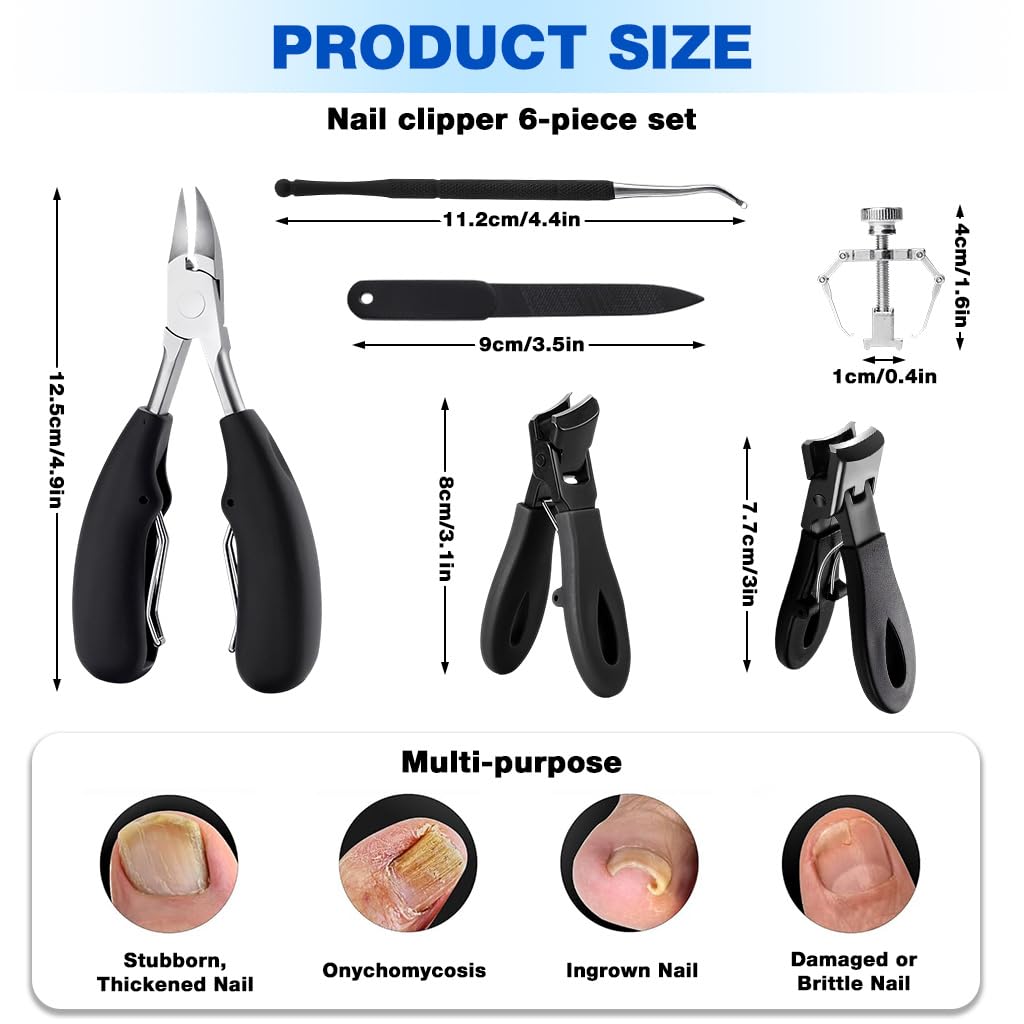 MAYCREATE Fingernail Toenail Clippers Set for Thick and Ingrown Nails with Ergonomic Stainless Steel Tools | 6 Piece Pedicure Kit for Men and Women