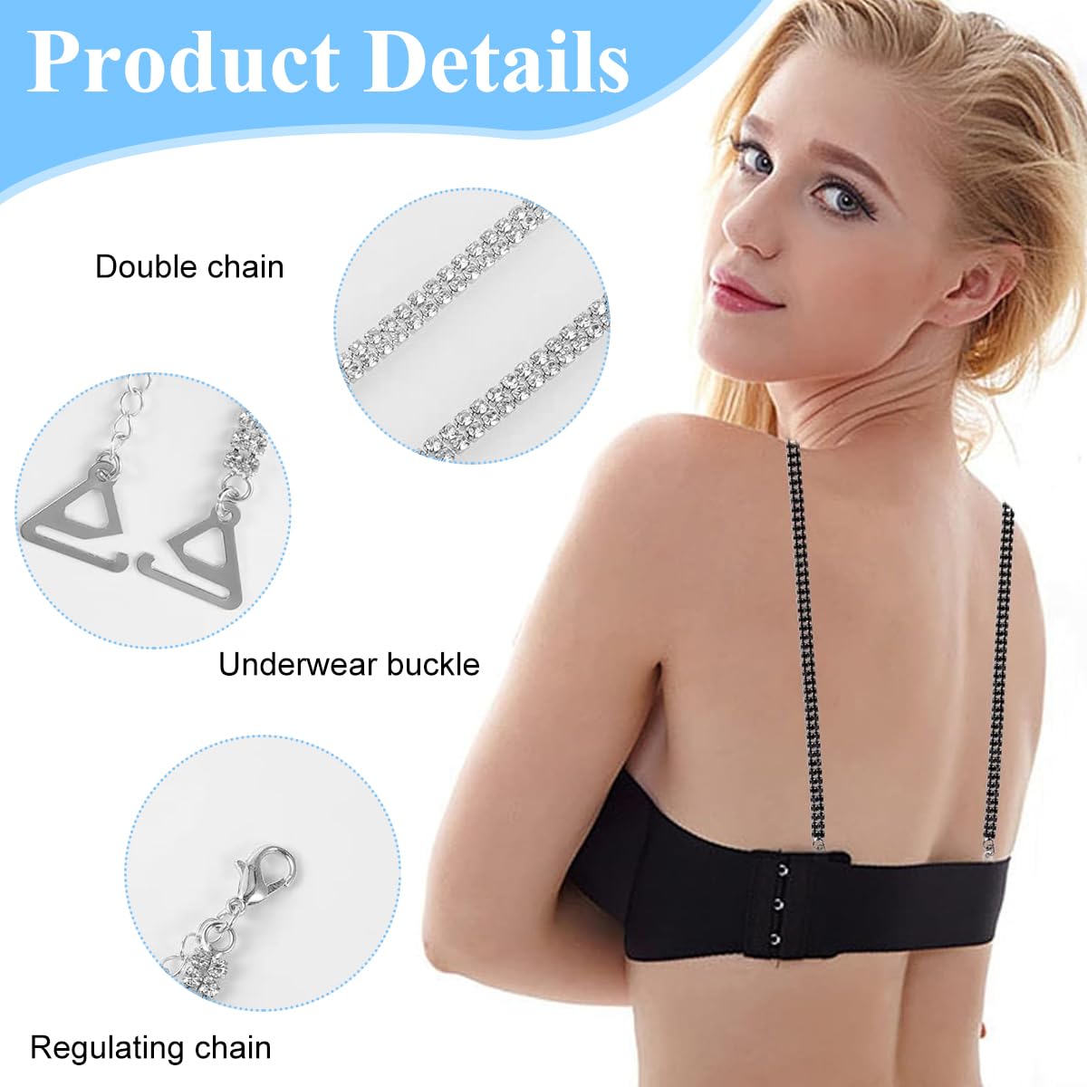 MAYCREATE 2 Pairs Metal Bra Straps for Women, Invisible Shining Rhinestone Bra Strap for Dress, Fashion Non-Skid Adjustable Shoulder Strap for Evening Dress, Bra Tops Dress Black and Silver