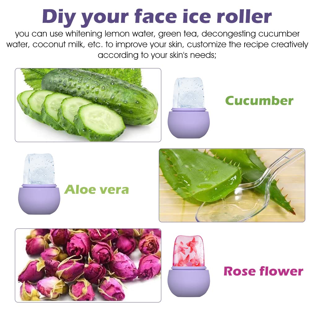 MAYCREATE Ice Roller for Face Massage & Eye, Anti-Leak Silicone Ice Face Roller Ice Mould With Cleansing Brush, Women Skin Care Ice Facial Roller for Eliminate Edema & Calm Skin, Shrink Pore (Purple)