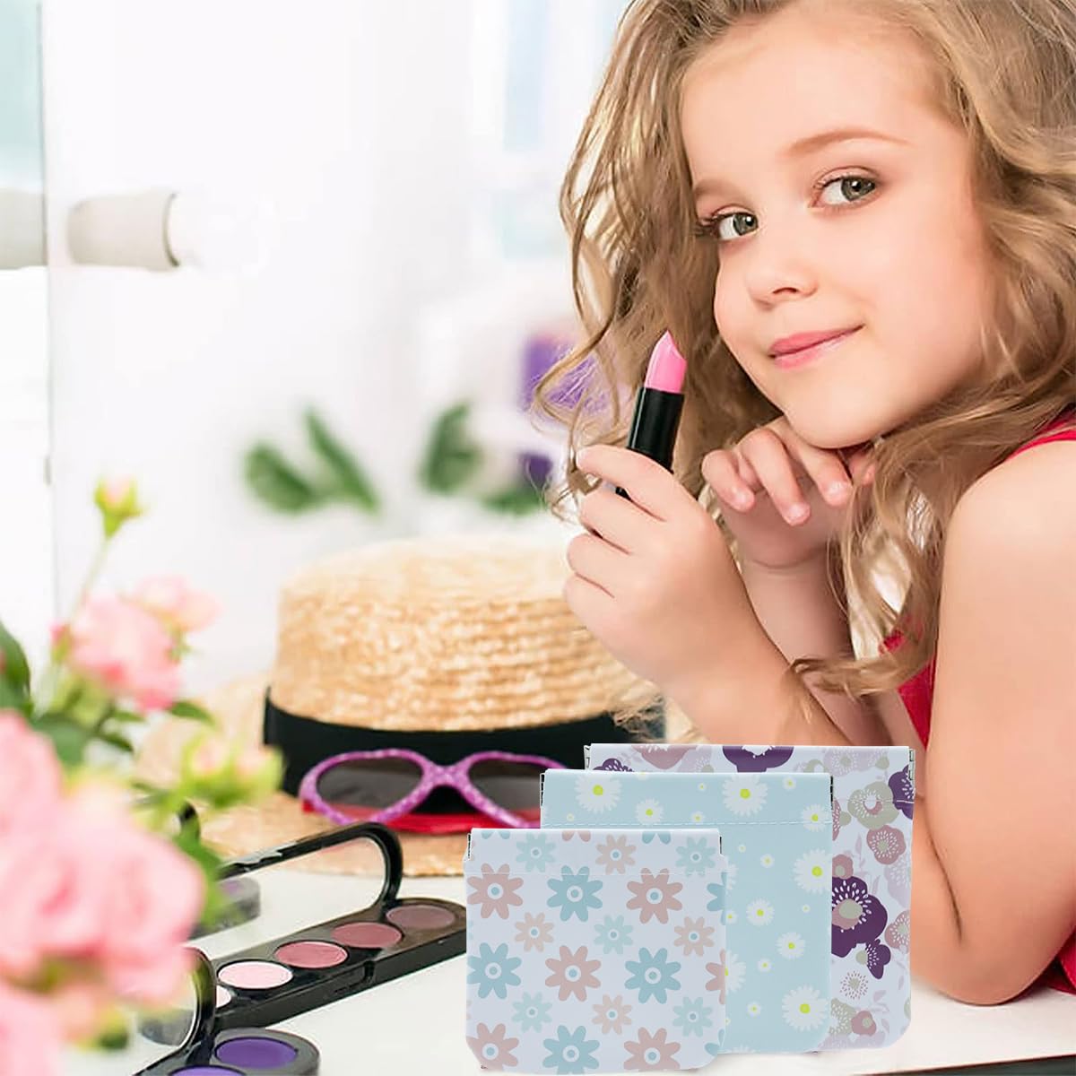 MAYCREATE 3 Pack Small Cosmetic Bag, Floral Print PU Leather Makeup Pouch Travel Organizer for Cosmetics, Accessories, Mini No Zipper Self-Closing Makeup Bag