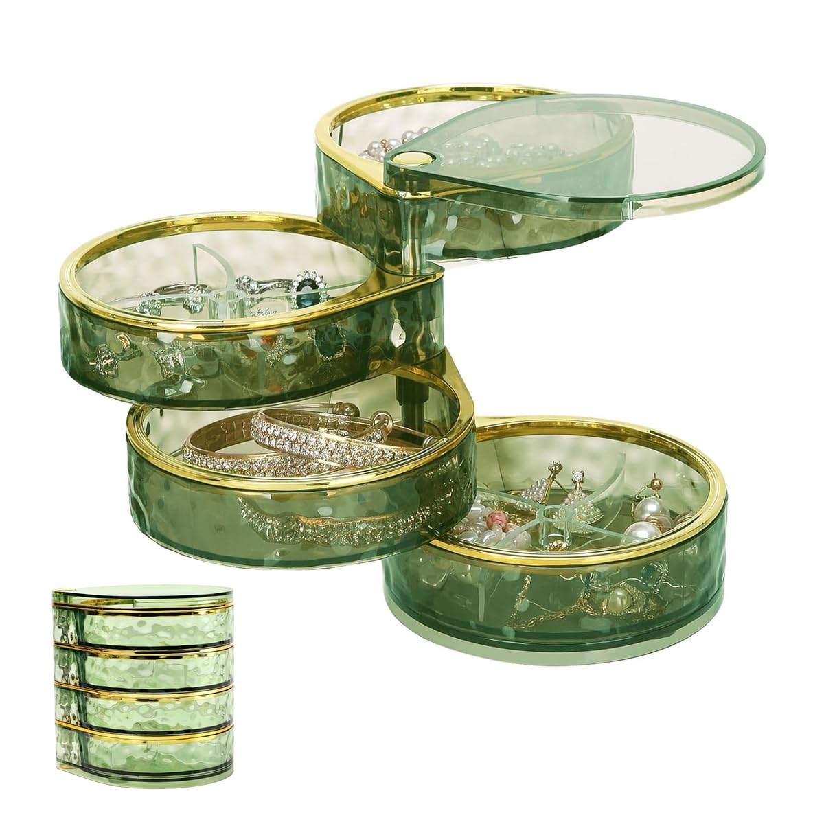 MAYCREATE® Small Jewelry Organizer Box Case, 4-Tier Rotating Round Bracelets Earrings Holder Storage Stand with Lid, Multi-compartment Jewellery Box for Rings Necklaces & Accessories (Clear Green)