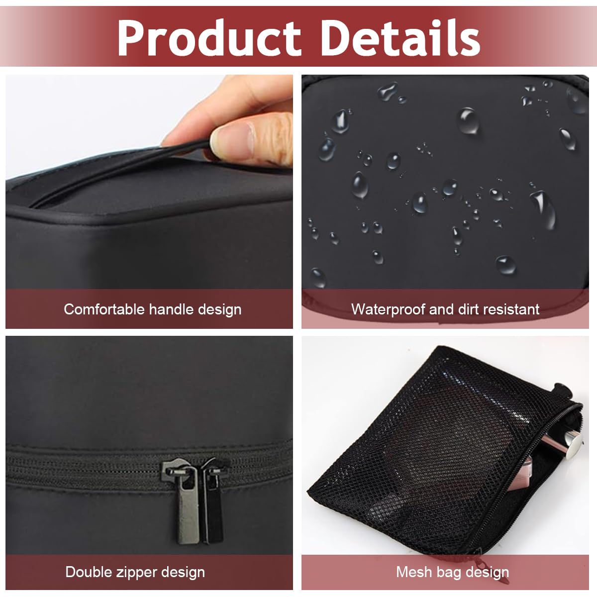 MAYCREATE Small Makeup Bag for Travel featuring Standup Dual Zipper Design and Waterproof Nylon | Black Portable Vanity Pouch for Women