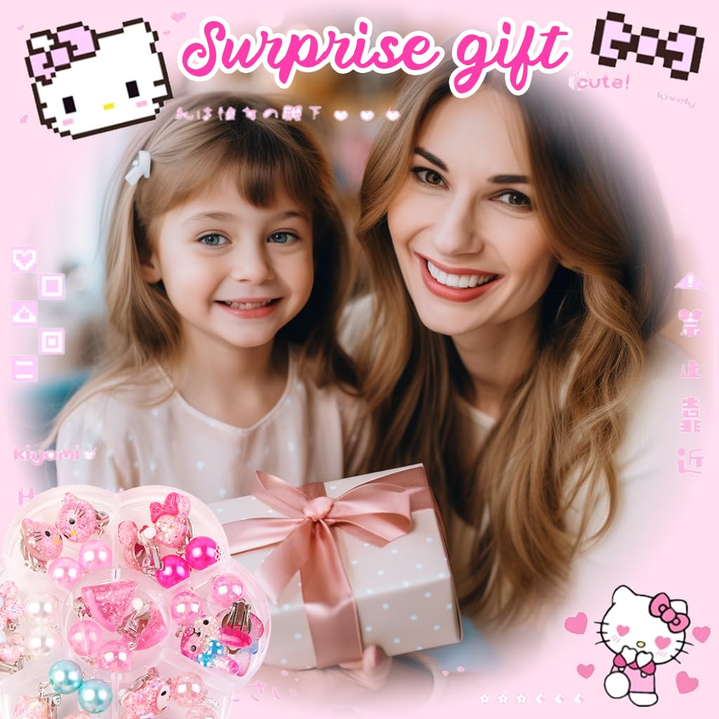 MAYCREATE 7 Pairs Kawaii Girls Earrings Non-piercing Pink Cartoon Kitty Earrings Charming Resin Clip On Earrings for Girls Kawaii Fashion Girls Clip On Earrings Jewelry Gift for Girls