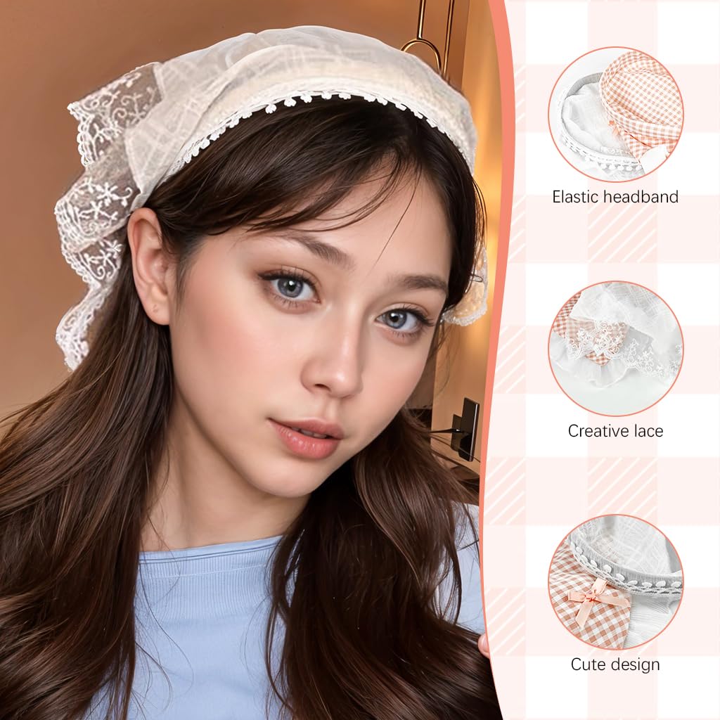 MAYCREATE Headwear for Girls with White Lace Headband and Pink Plaid Bow | 2Pcs Fashion Hair Accessories