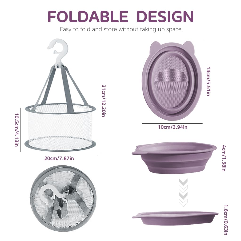 MAYCREATE Makeup Brush Cleaner Mat for Brushes and Sponges with Textured Patterns | Foldable Silicone Cleaning Bowl and Hanging Drying Net