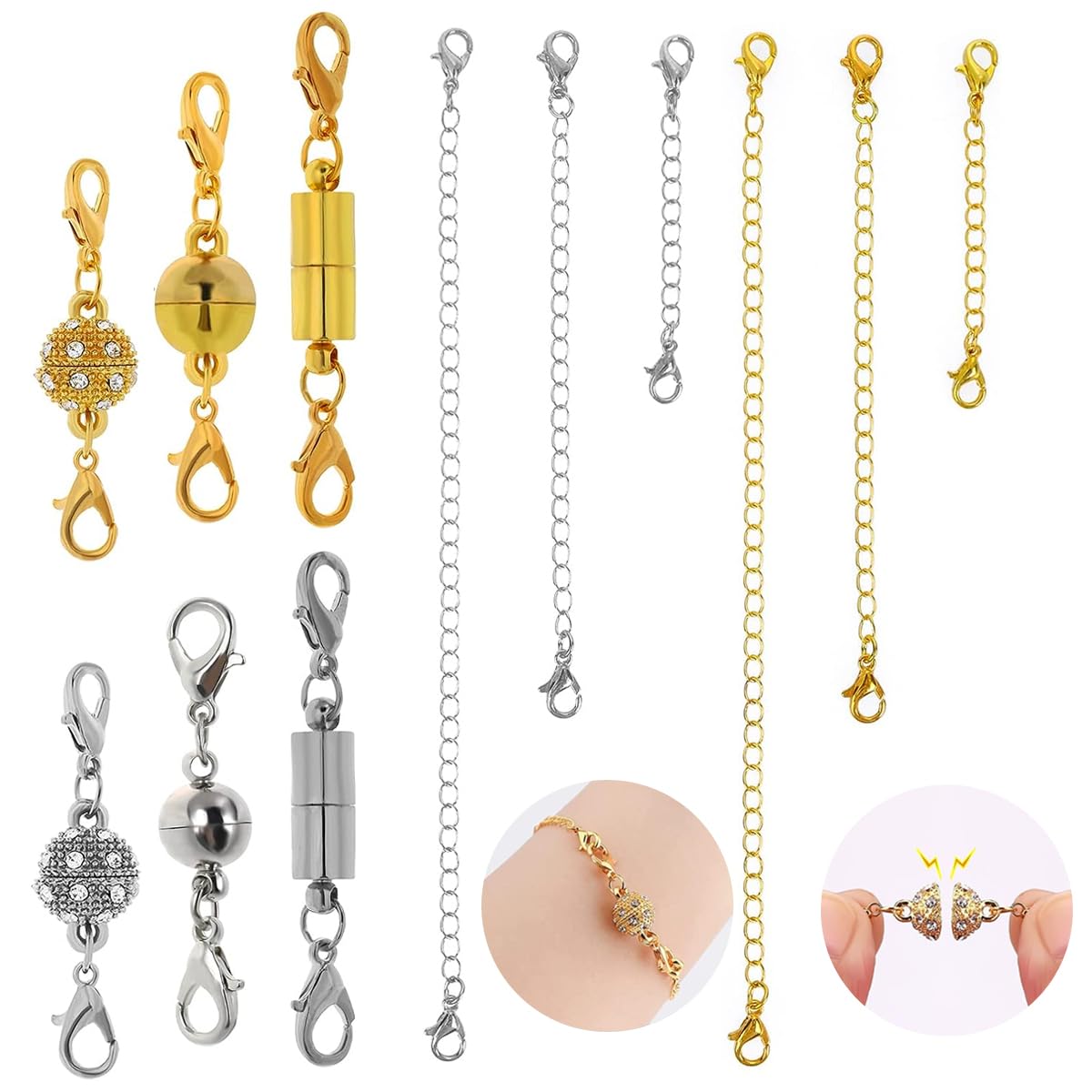 MAYCREATE Golden & Sliver 12 Pcs Necklace Extender and Lobster Clasps Combo Set,3 Style Jewelry Clasp,6 Bracelet Extenders for Jewelry,Necklace & Bracelet