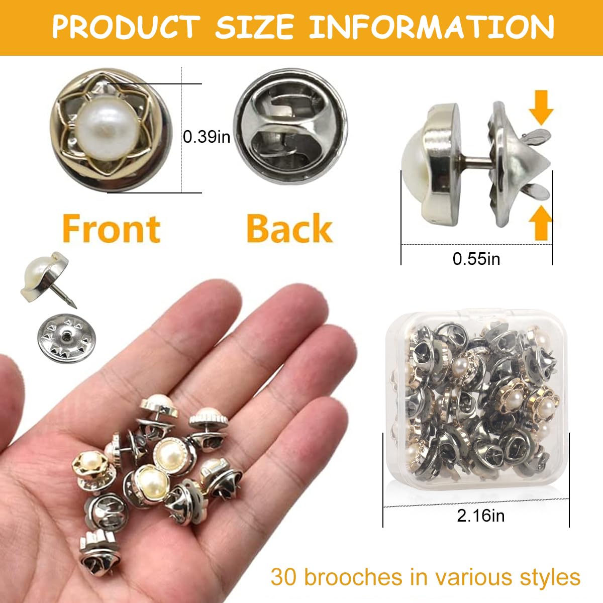MAYCREATE 30 pcs Pearl Brooch Buttons Cover Up,Pins Mini Safety Shirt Buttons for Cardigan Saree Dress Hats,No Sew & Removable