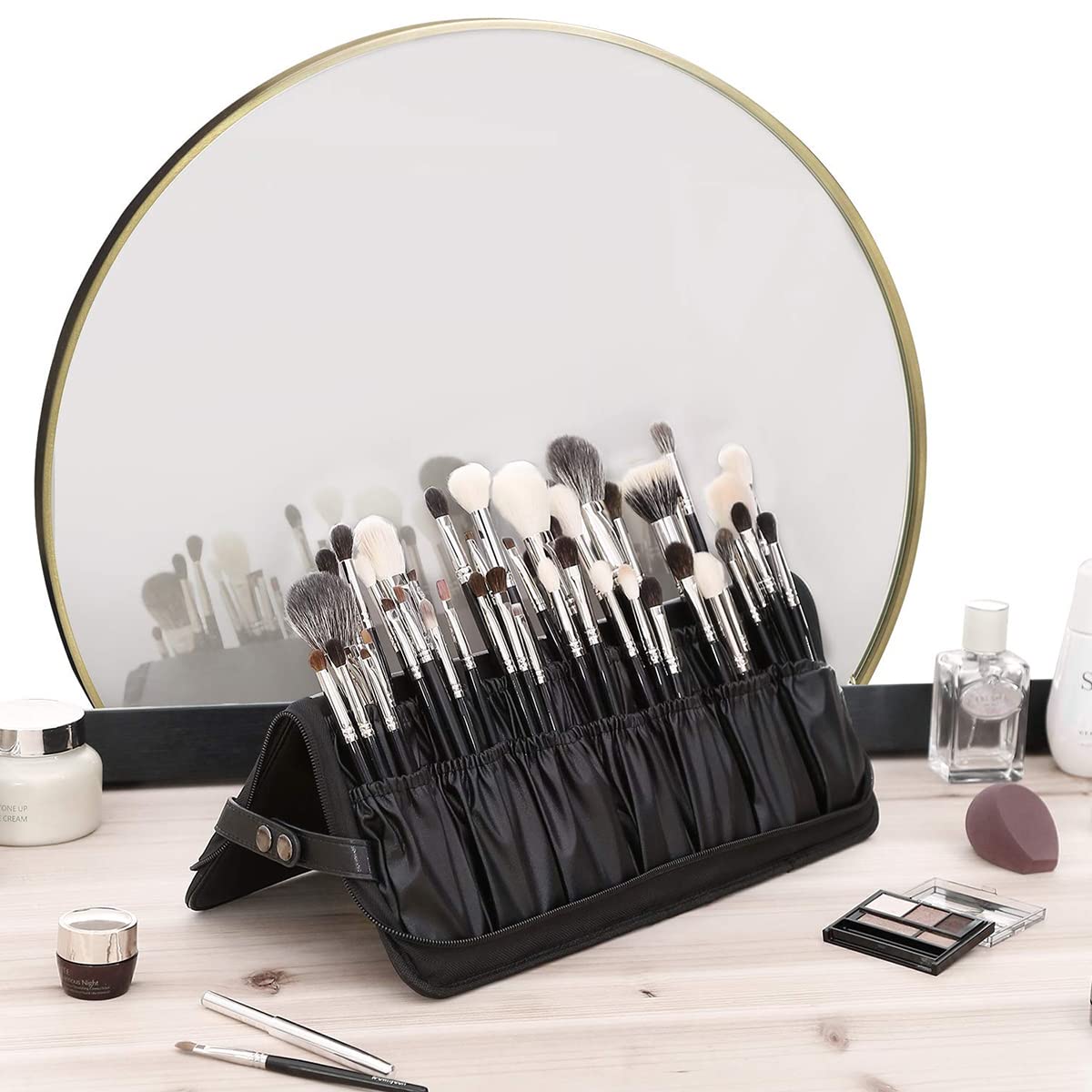MAYCREATE Makeup Brush Holder Bag Portable Travel Makeup Organizer Bag Foldable Zipper Cosmetic Makeup Brush Pouch Storage Case with 29 Elastic Pockets