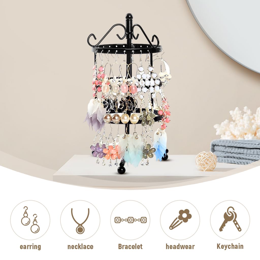 MAYCREATE Hoop Earrings Organizer for Women, 3 Tier Rotating Earring Organizer Box Storage Rack, Iron Art Earrings Holder for Over 50 Pairs, Display Stand for Dangle, Hoops Earings (Black)