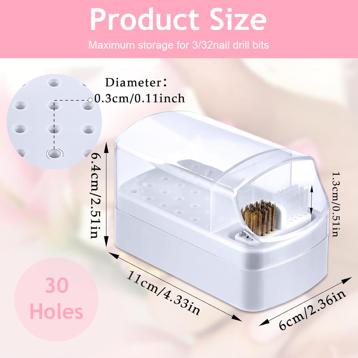 MAYCREATE 2 in 1 Nail Drill Bits Organizer Case with Nail Drill Bits Cleaning Brush, 30 Holes Dustproof Nail Art Drill Bits Stand with Lid Nail Drill Bits Storage Box with Intergrated Cleaning Brush