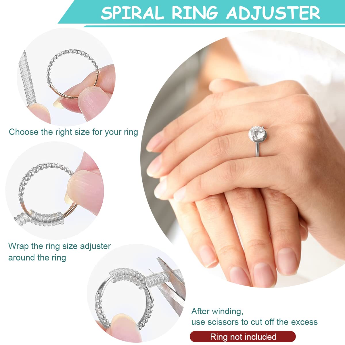 MAYCREATE Ring Size Adjuster for Loose Rings, Spiral Ring Adjuster Invisible Ring Resizer, Reducer Guard to Make Rings Smaller, Self Adhesive Ring Clips, Spacers, Tightener for Men Woman Rings