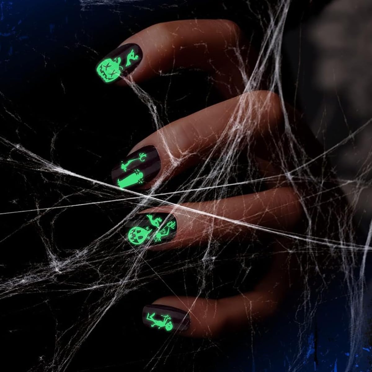 MAYCREATE 12 Sheets Halloween Nail Art Stickers, Luminous Nail Design Glow in The Dark Nail Decals, 3D Self-Adhesive Luminous Spooky Spider Web Skull Pumpkin Nail Art Design for Women Girls