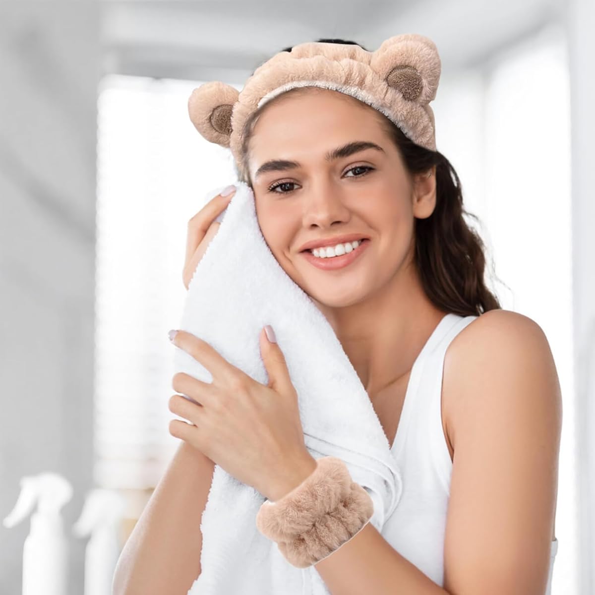 MAYCREATE Skincare Headband for Women & Wrist Band for Face Wash 3pcs Combo, Cute Facial Makeup Hair Band and Wrist Bands Towel, Bear Ears Face Wash Band Spa Headband for Women Girls