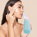 MAYCREATE Travel 3Pcs Bottles for Toiletries, Squeezable Soft Silicone Toiletries Bottles Containers Leak Proof Refillable Dispenser with Face Brush Design (90ML White Blue Pink)