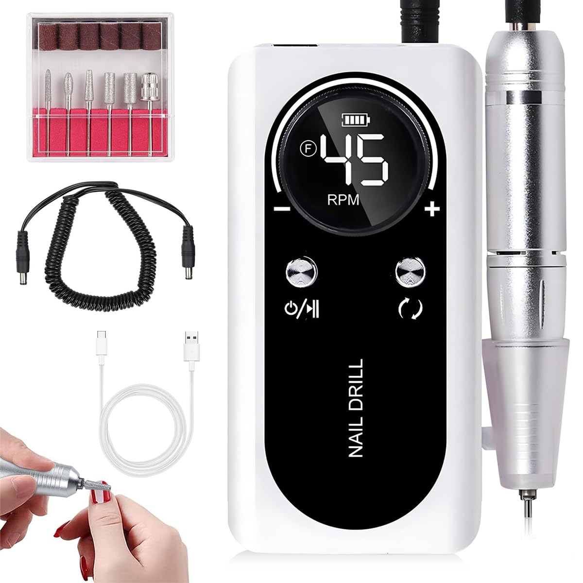 MAYCREATE Cordless Nail File for Acrylic and Gel Nails with 45000RPM Power and LCD Display