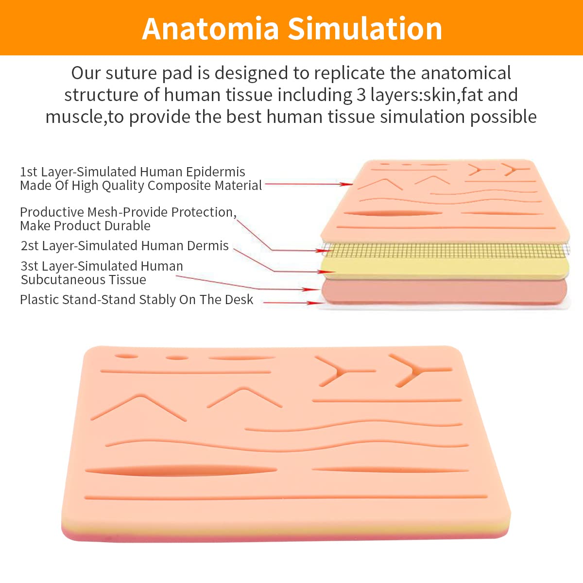 MAYCREATE Skin Pad for Stitching Practice with 14 Pre Cut Wounds 17×12×1.2cm Silicone | for Medical Students and Nurses