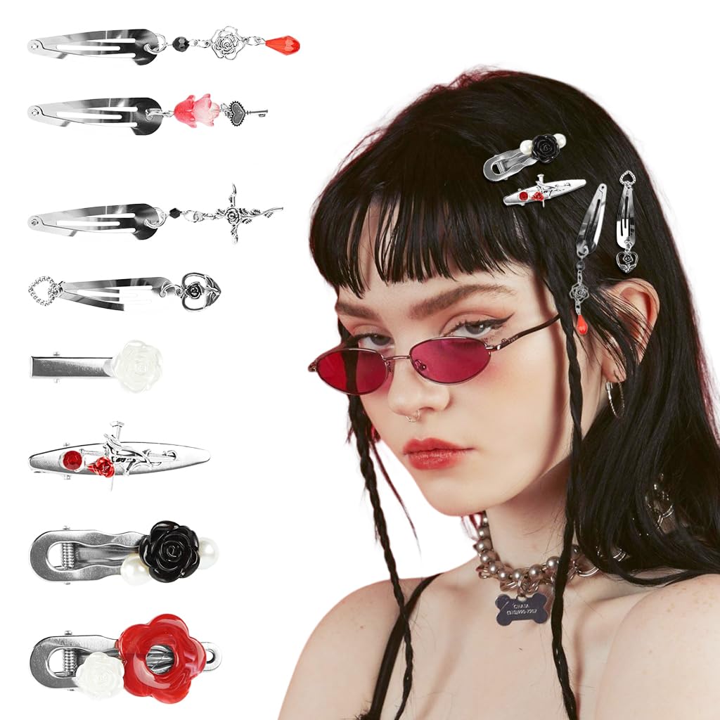MAYCREATE Hair Clips for Women featuring 8 Metallic Flower Charms | Y2K Korean Style Barrettes