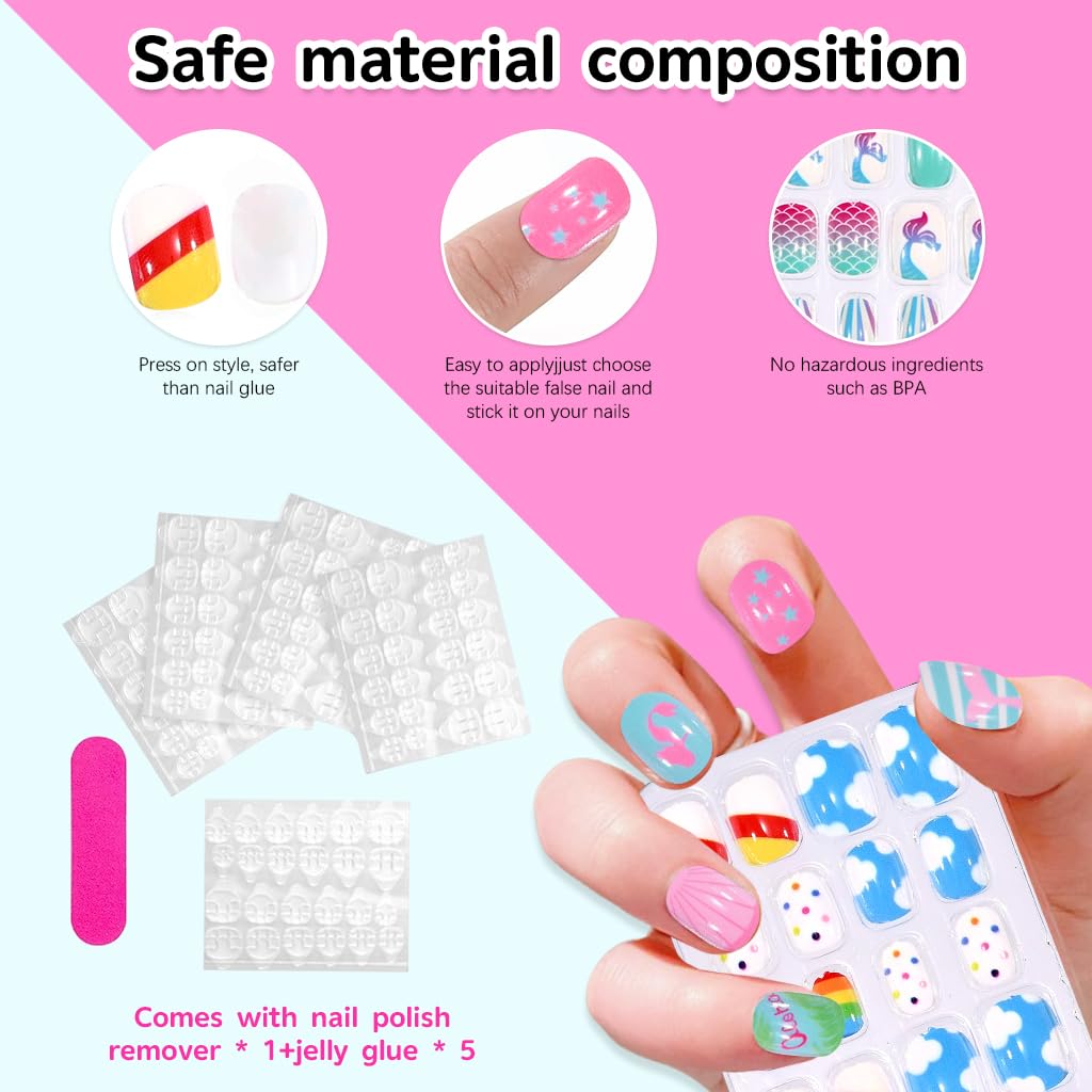 MAYCREATE Press on Nails for Kids with 120 pcs Cartoon Designs & Sticky Tabs | Fun DIY Gift