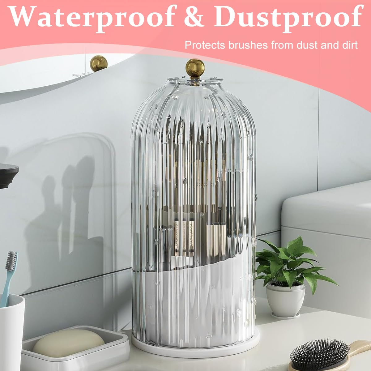 MAYCREATE Makeup Brush Holder for Vanity with 360° Rotatable 3 Grid Design | Clear Lid 12.2×27 cm Plastic Organizer