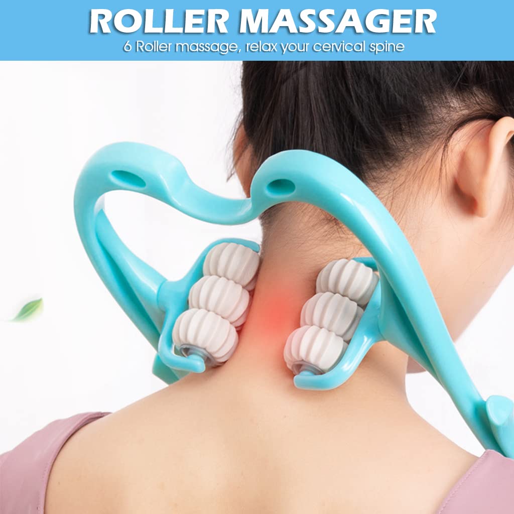MAYCREATE Neck Massager for Pain Relief with 6 Rotatable Rollers featuring TPR Frame | Manual Full Body Relaxation Tool