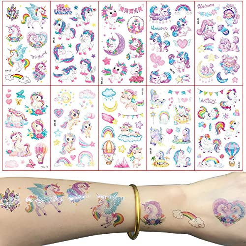 MAYCREATE 10 Sheet Tattoo Sticker for Kids Glittering Tattoo Sticker, Cartoon Unicorn Theme Sticker Waterproof Temporary Tattoos for Birthday Parties, Group Activities, Cartoon Tattoo Sticker Multi