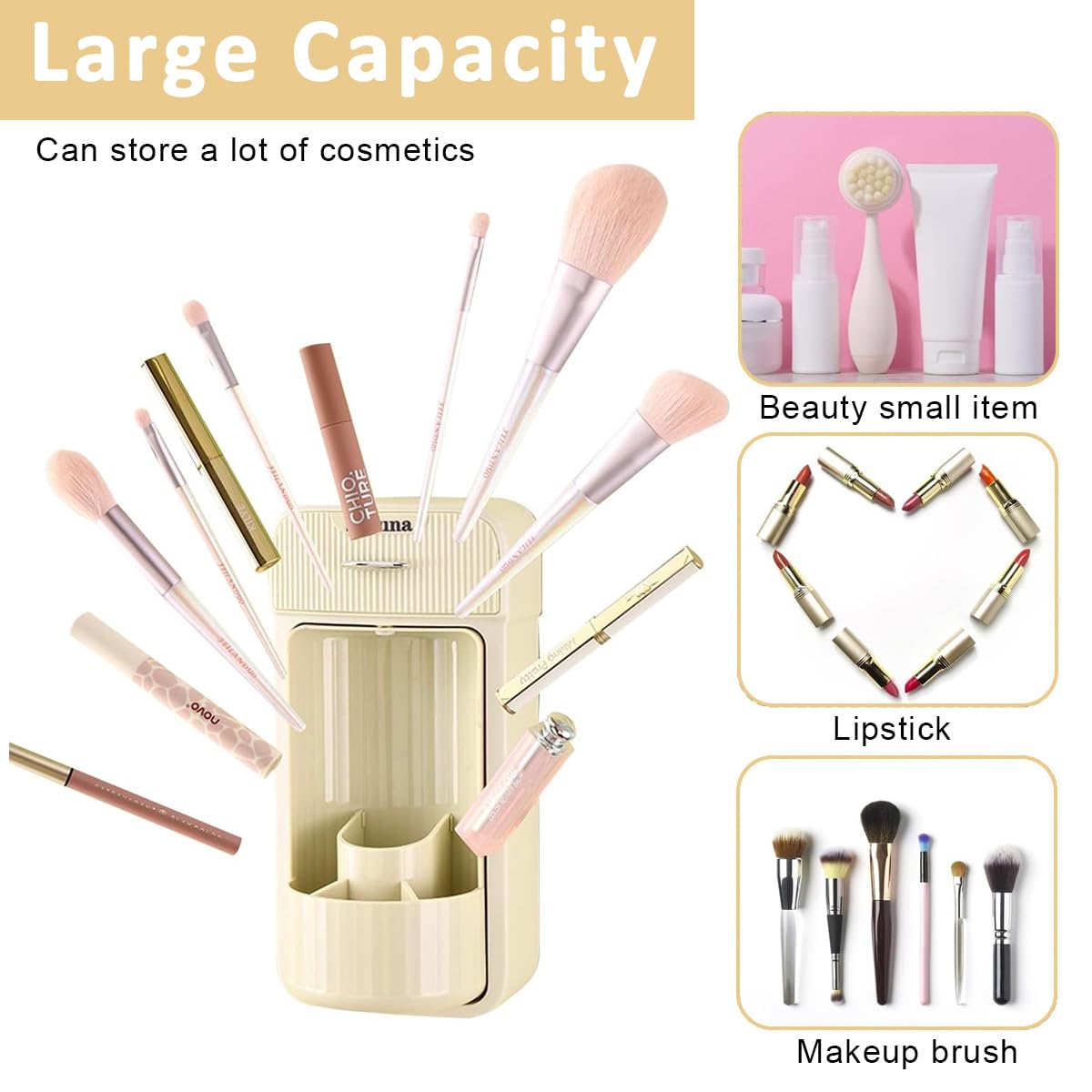 MAYCREATE Makeup Brush Holder with Drawer, Wall Mounted Makeup Brush Organizer, 360° Rotating Large Capacity Cosmetics Organizer Box for Countertop Vanity and Bathroom - Waterproof & Dustproof