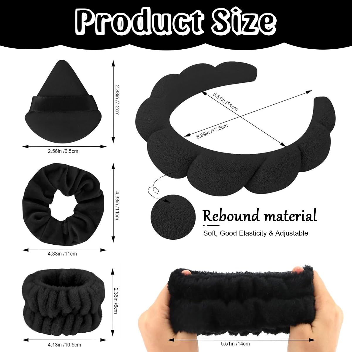 MAYCREATE Facial Headband for Women Skincare Headband and Wrist Band 7Pcs Set for Face Wash, Puffy Spa Headband Hair Band for Makeup with Scrunchies & Powder Puffs - Black
