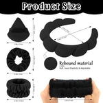 MAYCREATE Facial Headband for Women Skincare Headband and Wrist Band 7Pcs Set for Face Wash, Puffy Spa Headband Hair Band for Makeup with Scrunchies & Powder Puffs - Black