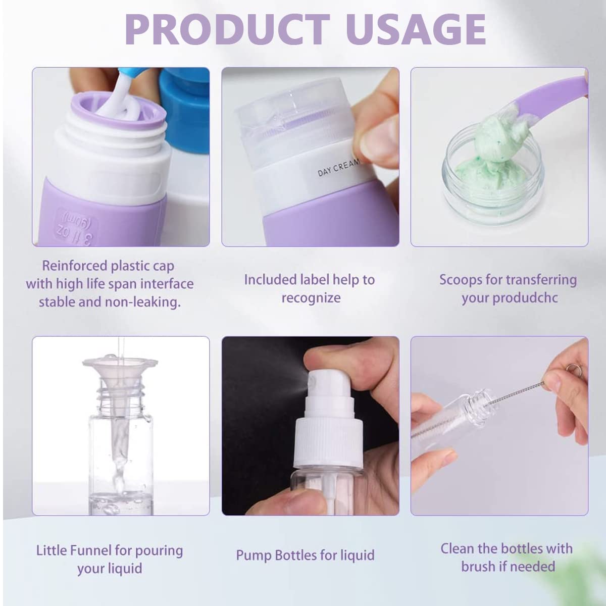 MAYCREATE 16pcs Travel Bottles for Toiletries Kit, 90ml Silicone Travel Toiletry Bottles(3-Layer Leakproof), 10g Cream Jars, Spray Bottle, Funnel, Clean Brush, Applicator, Labels & Storage Bag Set
