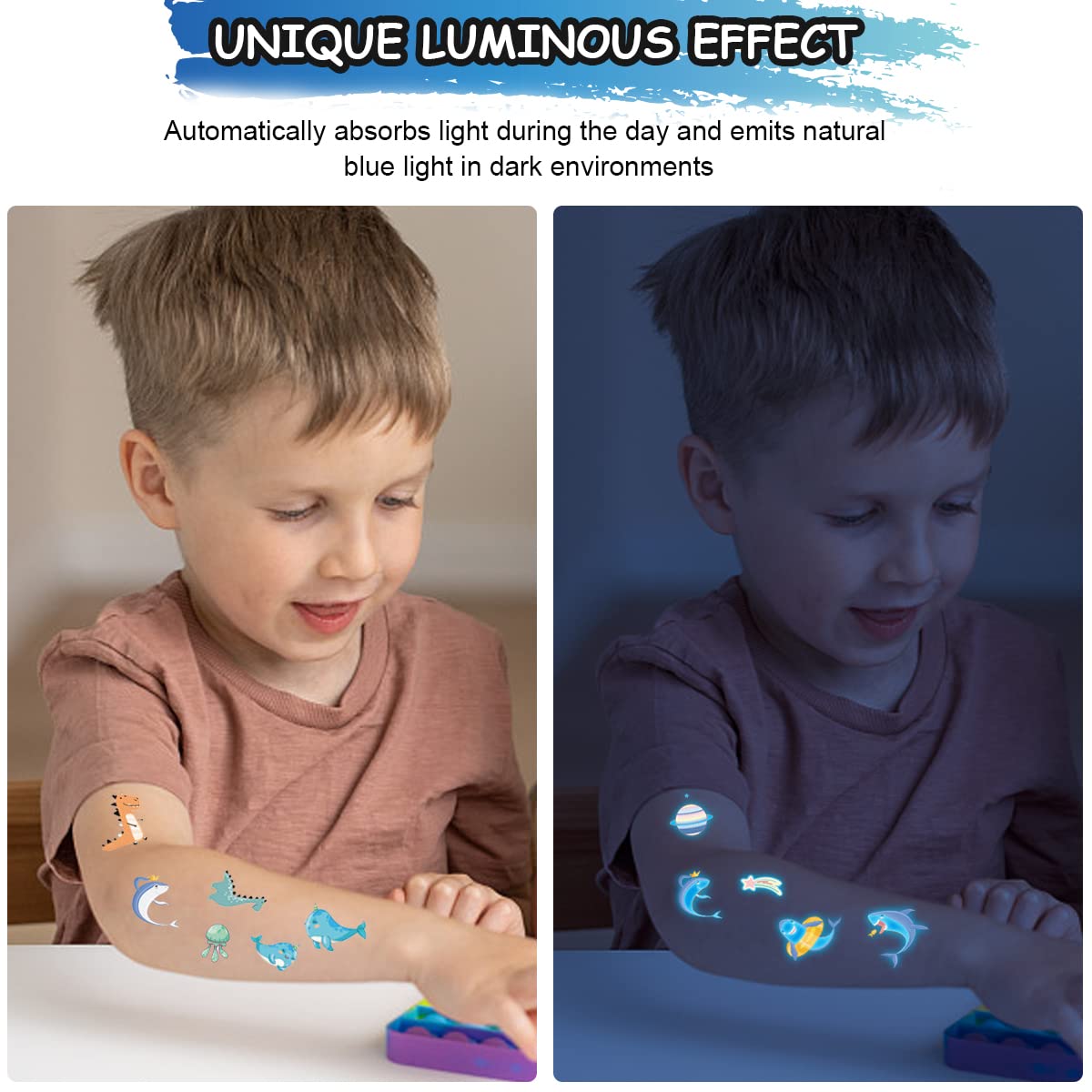 MAYCREATE Temporary Tattoo Stickers for Kids with Night Glow Effect and 20 Sheets | Waterproof Marine Theme