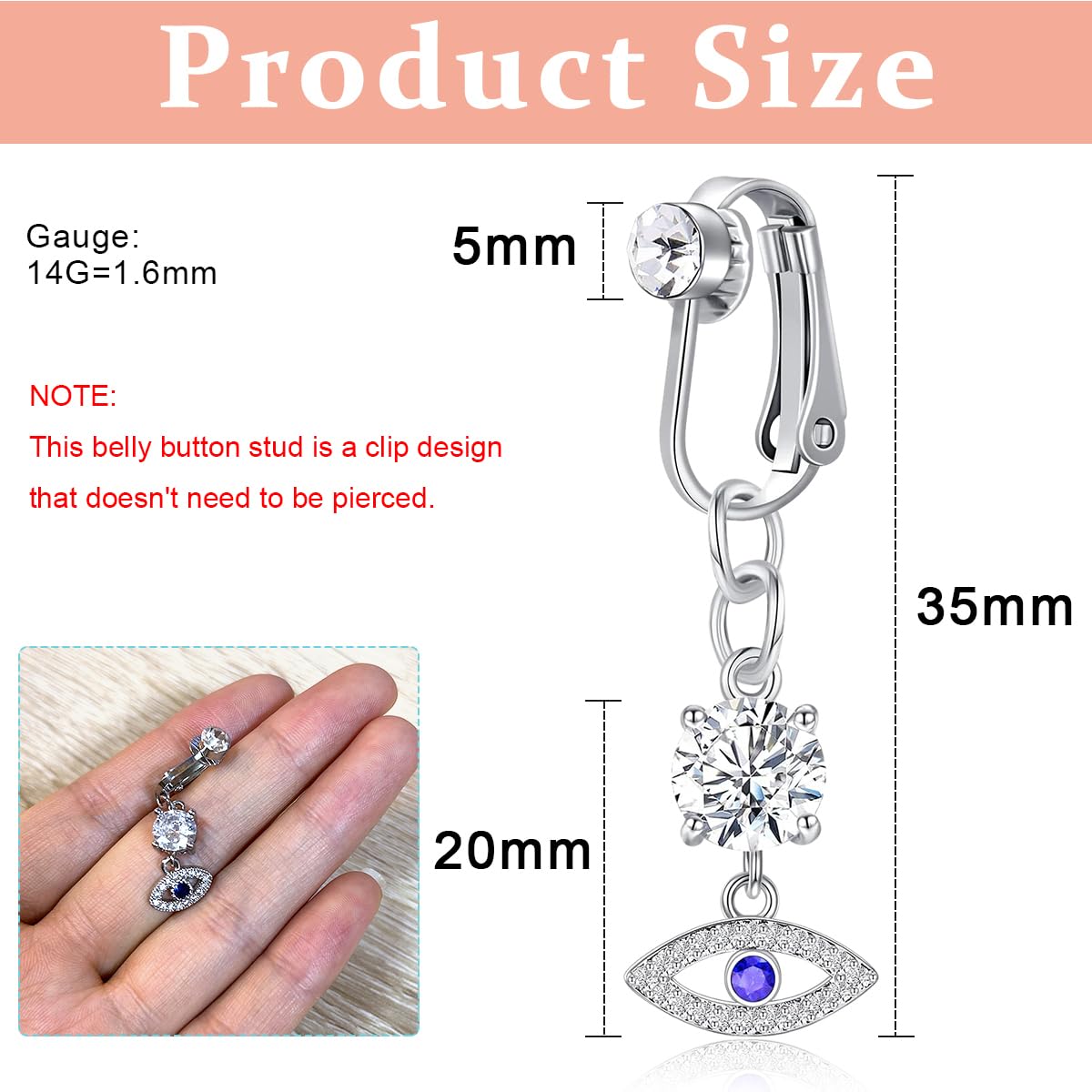 MAYCREATE Fake Belly Piercing Jewelry Evil Eye Belly Button Rings 316L Stainless Steel Non-Piercing Rhinestone Belly Rings Navel Rings for Women Girls