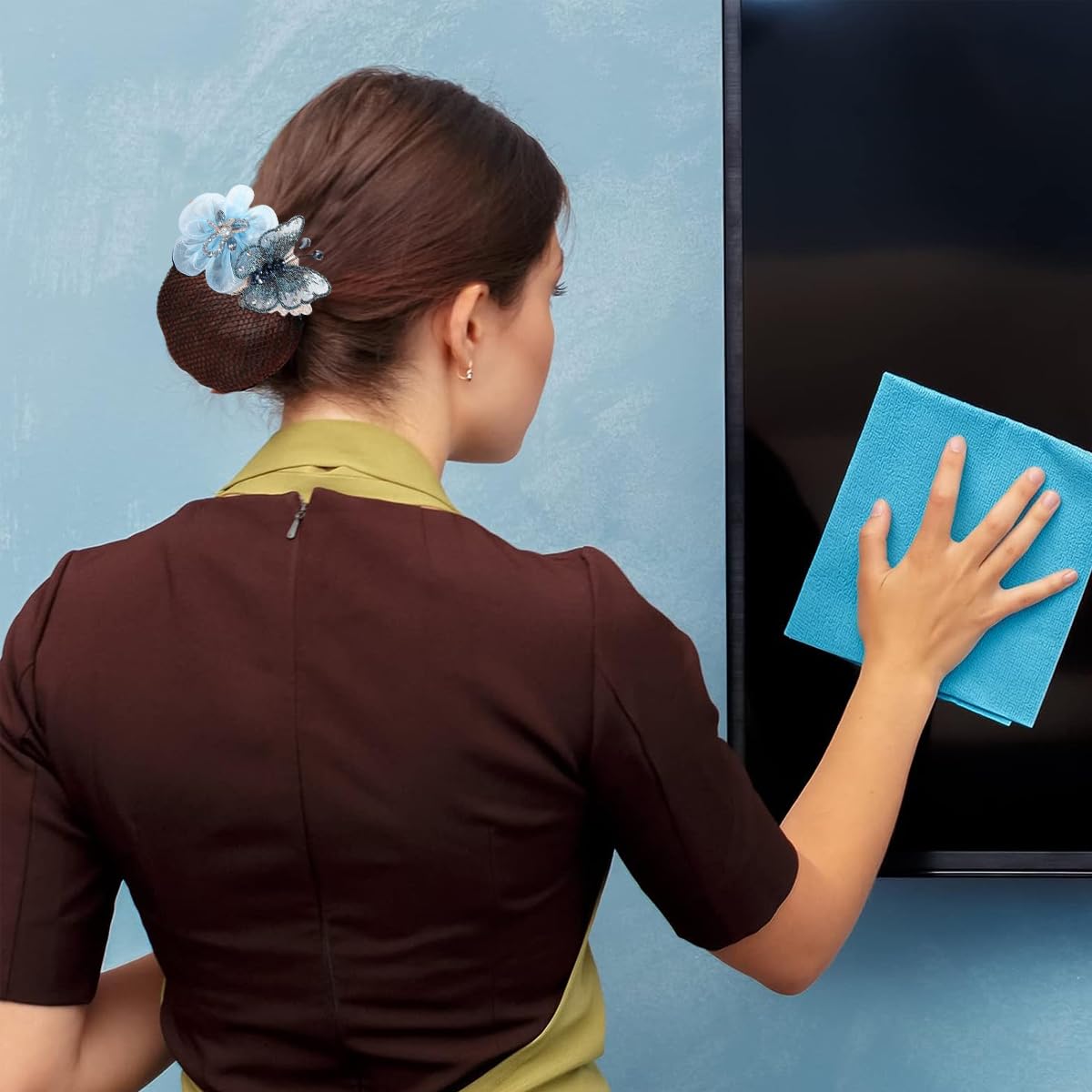 MAYCREATE Hair Clip Butterfly Decal Bun Net for Work and Daily Use | Blue 3PCS Set