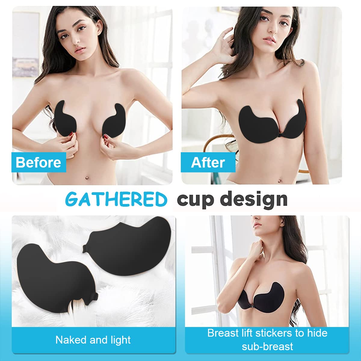 MAYCREATE 1 Pair Silicone Wire Free Stick-On Bra Padded, Adhesive Bra Strapless Invisible Reusable Sticky Bra for Backless Dress, Black