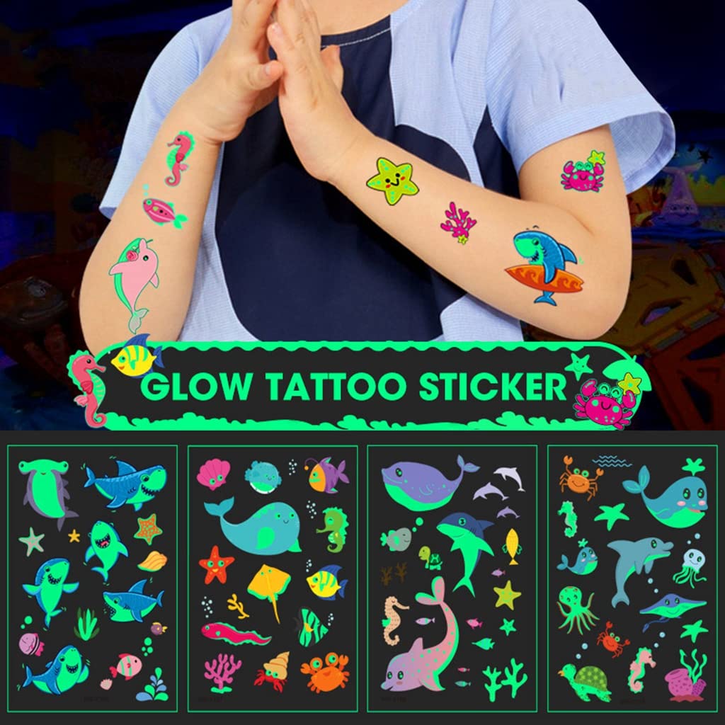 MAYCREATE Kids Temporary Tattoo Stickers for Parties with Night Glowing Effect 10 Sheets | Waterproof Cartoon Animals Design