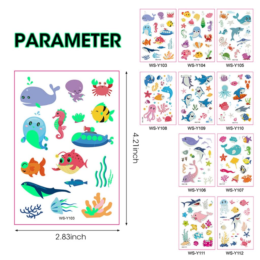 MAYCREATE Kids Temporary Tattoo Stickers for Parties with Night Glowing Effect 10 Sheets | Waterproof Cartoon Animals Design