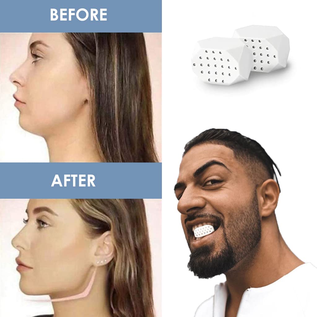 MAYCREATE 2Pcs Jawline Exerciser for Men Women 50lbs Silicone Jawline Jaw Line Shaper Jaw Trainer Face Slimmer Neck Toning Tool for Beginner, Intermediate & Advance, Define Jawline (White)