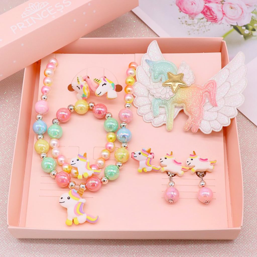 MAYCREATE Unicorn Kids Jewellery Set for Girls with Beaded Necklace and Bracelet | 8 Pcs Gift Kit