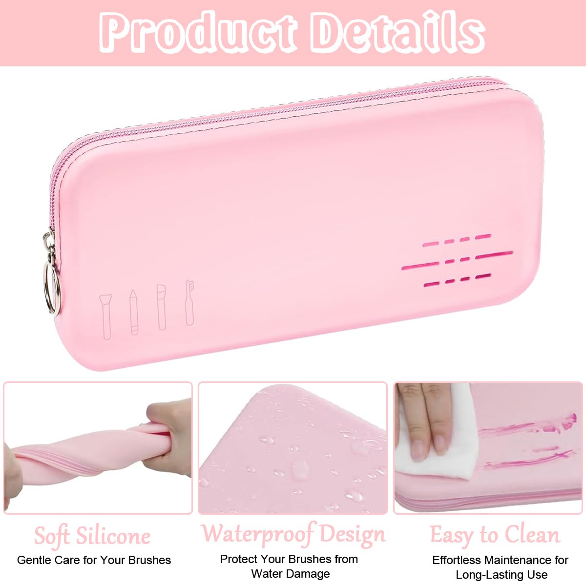 MAYCREATE Makeup Brush Holder Silicone Travel Cosmetic Makeup Brush Pouch Zipper Makeup Brush Organizer Portable Make Up Brushes Bag for Travel Dustproof Beauty Tool - Pink