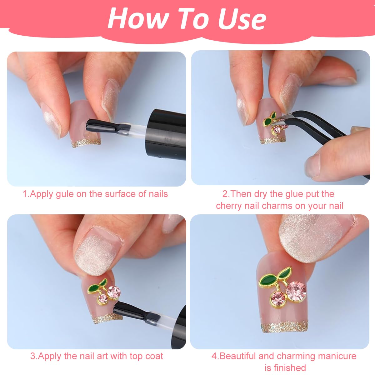 MAYCREATE 3D Cherry Nail Charms for Nail Art with Flat Back Design and 50Pcs Pink Red Gems