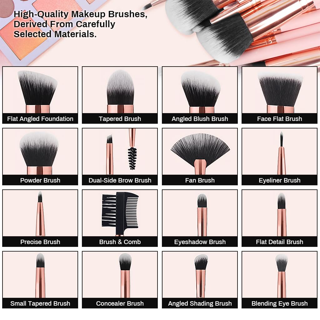 MAYCREATE Makeup Brush Set Professional 16PCS with Storage Pouch Brush Sets in Makeup Premium Makeup Brushes Kit with Eyebrow Razor & Sponge Puff for Beginners Makeup Artists Students (Pink)